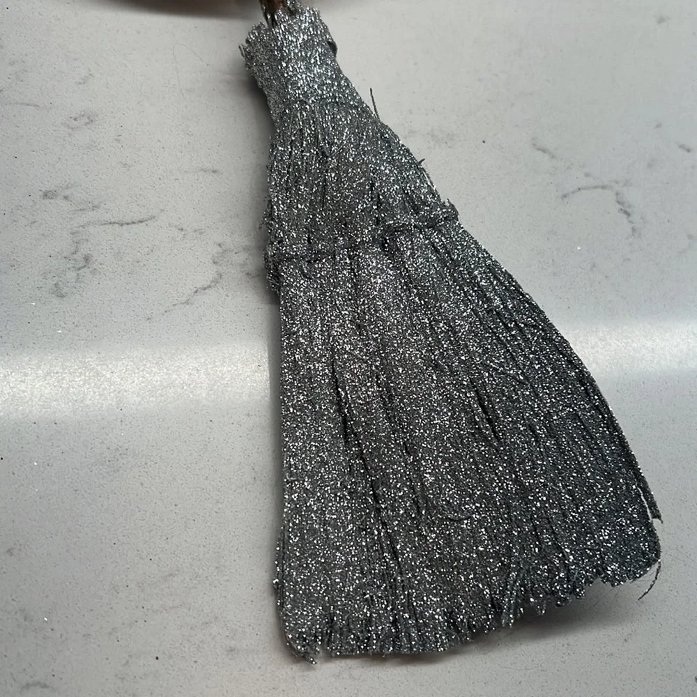 Glittery Witches Broom 11‎ inch Tabletop Halloween Decor Green and Silver